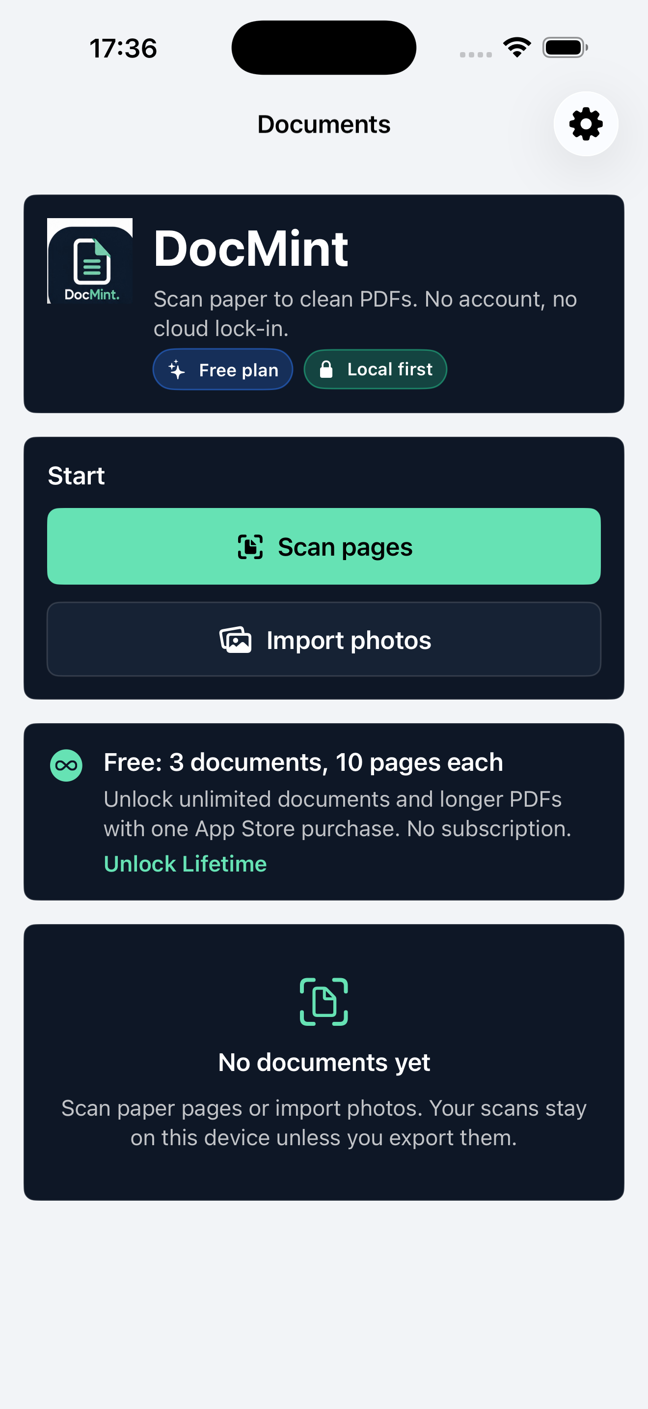 DocMint iOS document scanner home screen