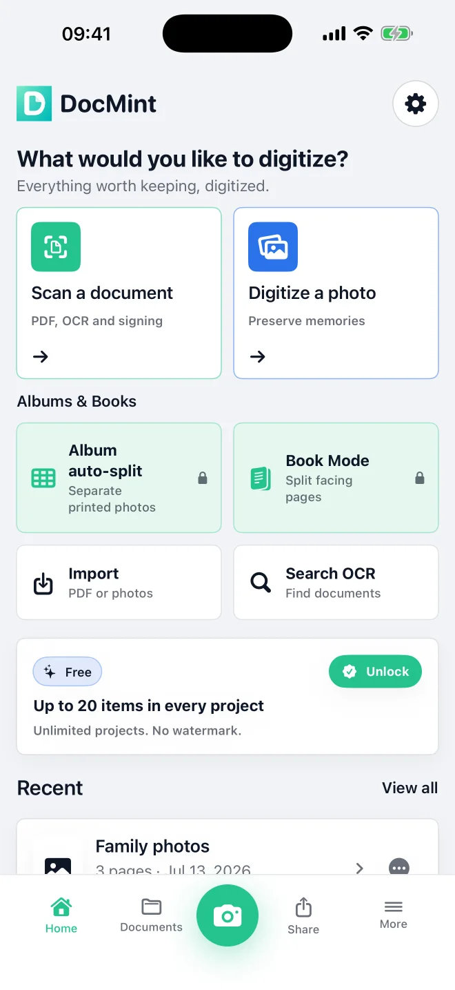 Real DocMint iPhone home screen showing the Free tier and digitization paths