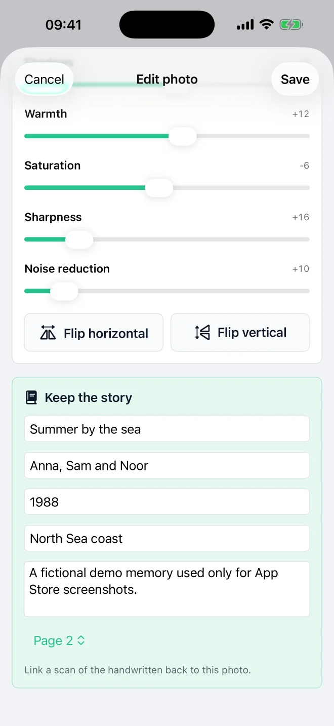 Real DocMint fields for photo names, date, place and story